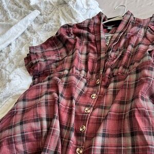 ModCloth Ivy League Charm fit and flare- cranberry Plaid Button-Front Dress